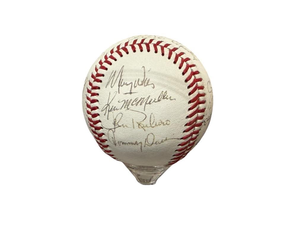 SIGNED BASEBALL BY PLAYERS VITA BLUE, CURT FLOOD, TONY OLIVIA, KEN MCMULLEN, TOMMY DAVIS ETC.: BASEBALL FEATURES 14 SIGNATURES, POSSIBLY FROM THE 1960'S - 1970'S INCLUDING MANY LOS ANGELES DODGERS PLAYERS, SIGNATURES DO SHOW LIGHT FADING, BUT OVERALL CLEAR AND LEGIBLE, FROM THE ESTATE OF A