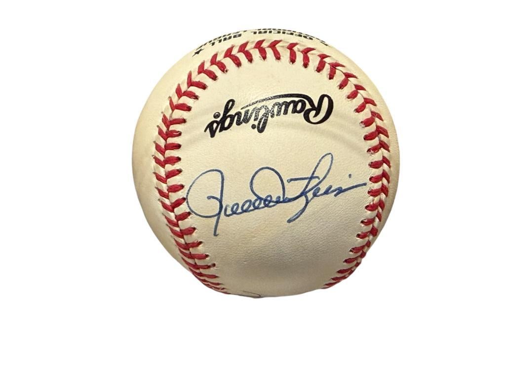 GAYLORD PERRY AND ROLLIE FINGERS HALL OF FAMERS AUTOGRAPHED BASEBALL: GAYLORD PERRY (1938-2022) PLAYED FOR EIGHT TEAMS FROM 1962-1983, INDUCTED IN THE HALL OF FAME IN 1991, ROLLIE FINGERS (B. 1946) PLAYED FROM 1968-1985 INDUCTED IN THE HALL OF FAME IN 1992, BOTH