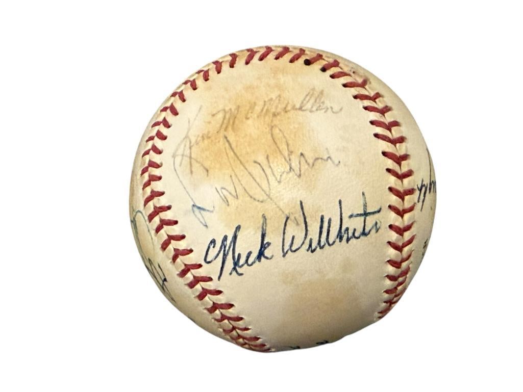 AUTOGRAPHED BASEBALL BY LARRY BURRIGHT, TOMMY DAVIS, KEN MCMULLEN, ETC.: BASEBALL FEATURES 11 SIGNATURES, FROM THE ESTATE OF A LOCAL RENO, NV DOCTOR AT RENOWN WHO RAN BIG LEAGUE SPORTS MEDICINE BASEBALL CAMP FOR NEARLY 20 YEARS, DOCTOR JOHN ANDREW CAMERON