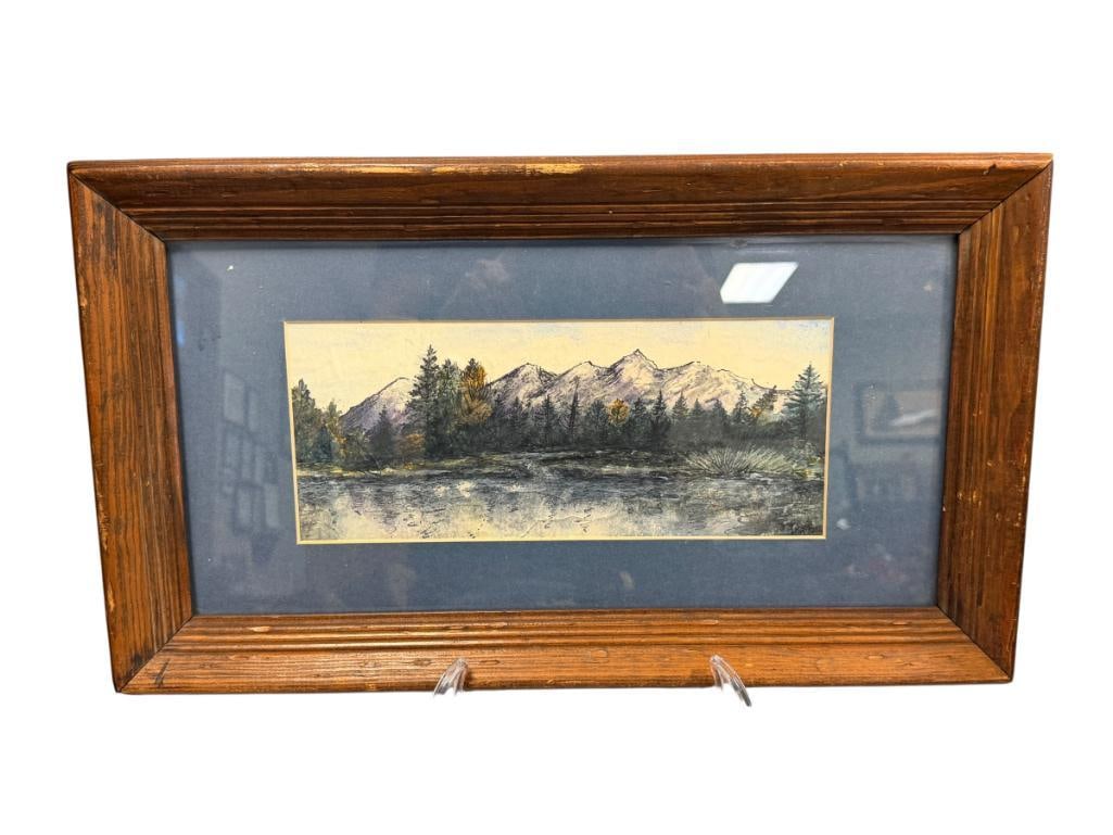 LISA ROSE ORIGINAL INK AND WATERCOLOR MOUNTAIN LANDSCAPE: ART DEPICTS MOODY MOUNTAIN LANDSCAPE POSSIBLY SCENE IN SIERRA NEVADA'S, SIGNED LOWER RIGHT, FRAMED 18 1/2" X 10 1/2" FRAME