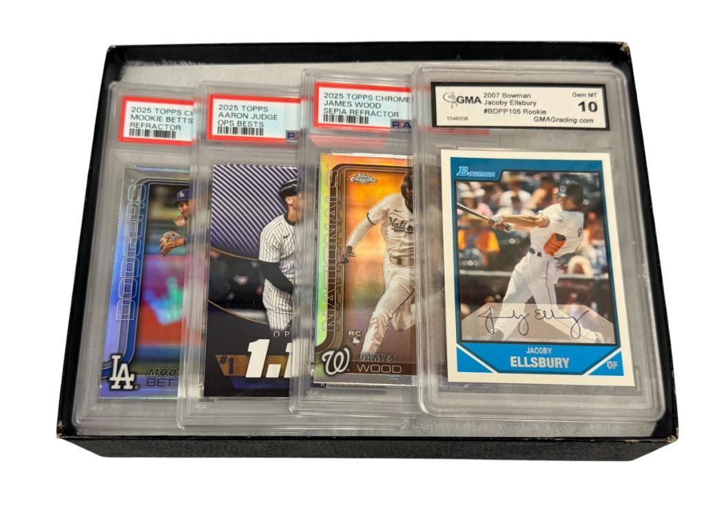 PSA / GMA GRADED BASEBALL CARDS JACOBY ELLSBURG, JAMES WOOD, AARON JUDGE, MOOKIE BETTS IN SLABS: 2007 JACOBY ELLSBURY GMA 10, 2025 TOPPS CHROME JAMES WOOD PSA 6, 2025 TOPPS AARON JUDGE PSA 9, 2025 TOPPS CHROME MOOKIE BETTS PSA 8