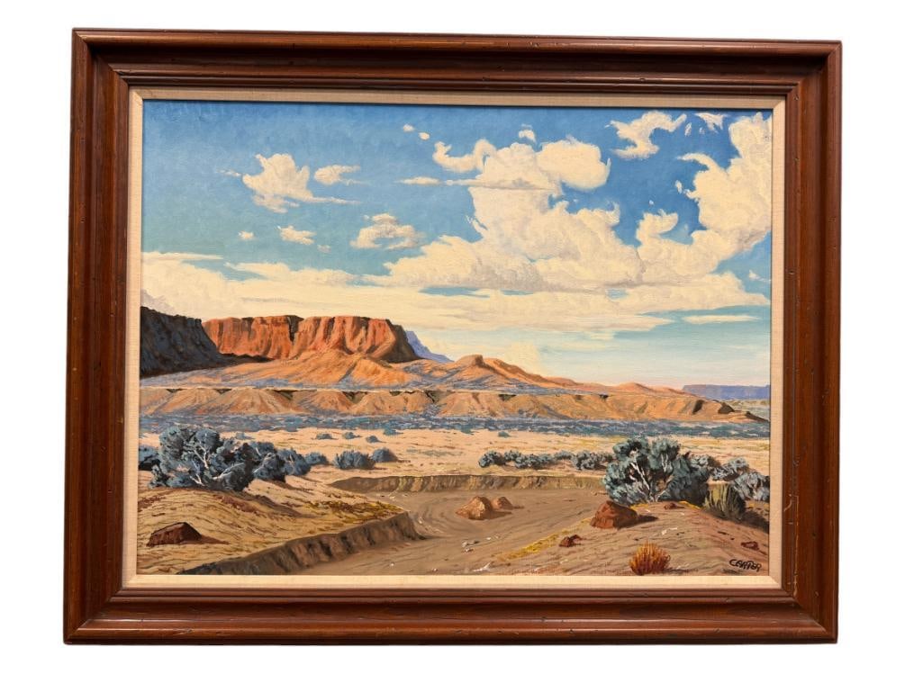 IMPRESSIVE GEORGE CARTER LARGE ORIGINAL OIL ON CANVAS NEVADA DESERT LANDSCAPE PAINTING: GEORGE CARTER (B. 1931) WAS A PROLIFIC ARTIST IN THE MID TO LATE 20TH CENTURY, NOTED FOR HIS LANDSCAPES AND PORTRAITS OF NATIVE AMERICANS, ART DEPICTS DESERT LANDSCAPE WITH ROCKY MOUNTAINS IN THE BACK