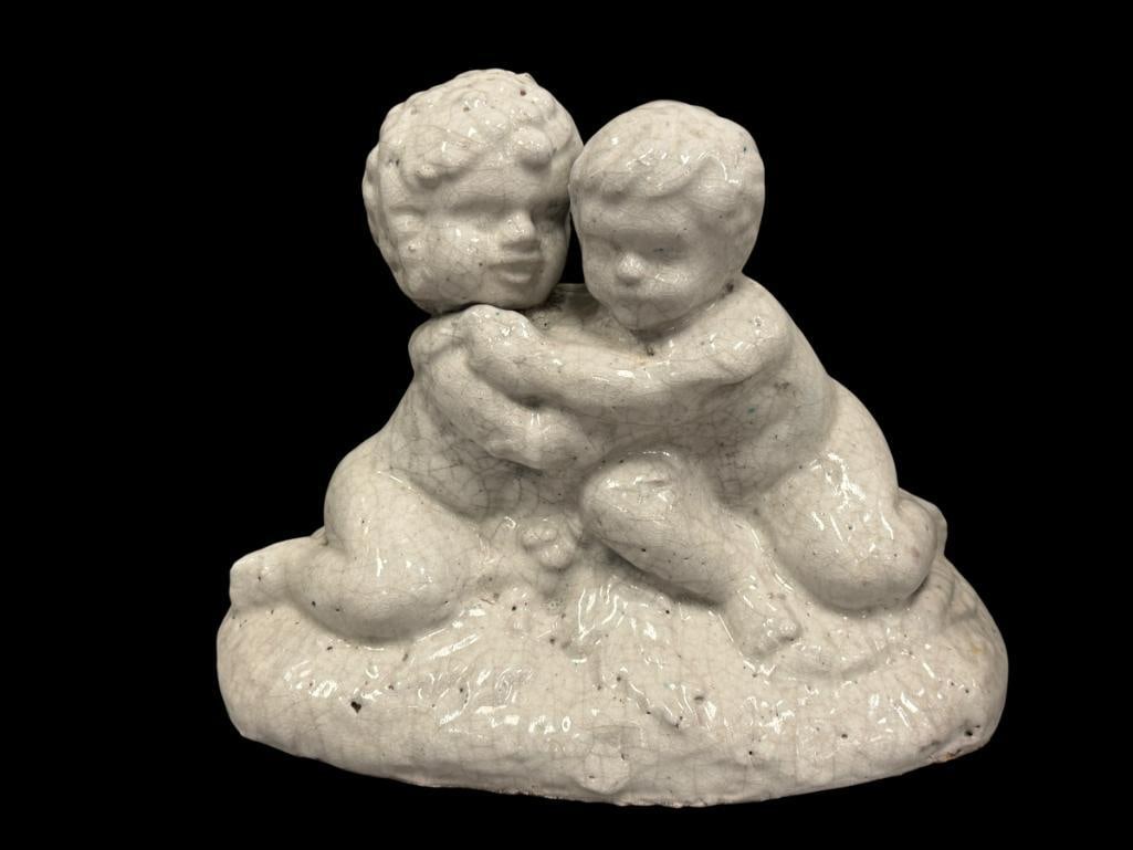LARGE TERRACOTA PLAYFUL CHERUBS GLAZED FIGURE / CENTERPIECE (1 of 8)