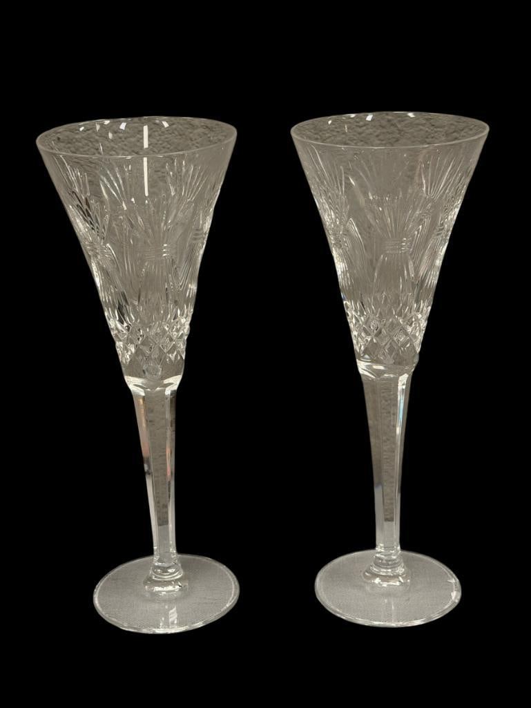 WATERFORD CRYSTAL MILLENIUM COLLECTION PROSPERITY CHAMPAGNE FLUTES SET OF TWO: WATERMARK ON THE BOTTOM, NO CHIPS OR CRACKS 9 1/8" H