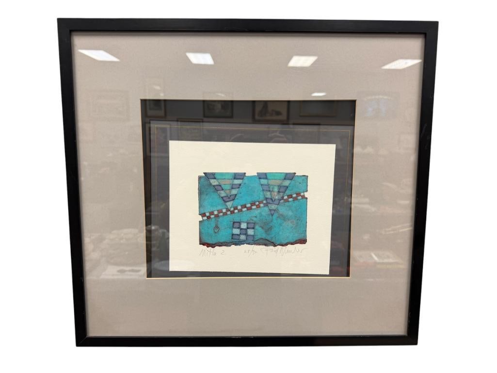 BILL WHEELER LIMITED EDITION ABSTRACT PRINTTITLED MITLA 2 NO. 28/50: BILL WHEELER (B. 1948) IS AN AMERICAN ARTIST KNOWN FOR CREATING SERIGRAPHS AND COLLAGRAPHS IN EDITIONS OF 50, SIGNED LOWER RIGHT, FRAMED 23" X 21" FRAME