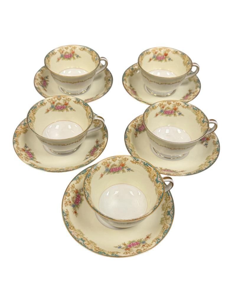 NORITAKE ALVIN TEA CUPS AND SAUCERS SET OF FIVE MADE IN OCCUPIED JAPAN DISCONTINUED: FLORAL DESIGN WITH BLUE AND GILT ACCENTS, NO CHIPS OR CRACKS 