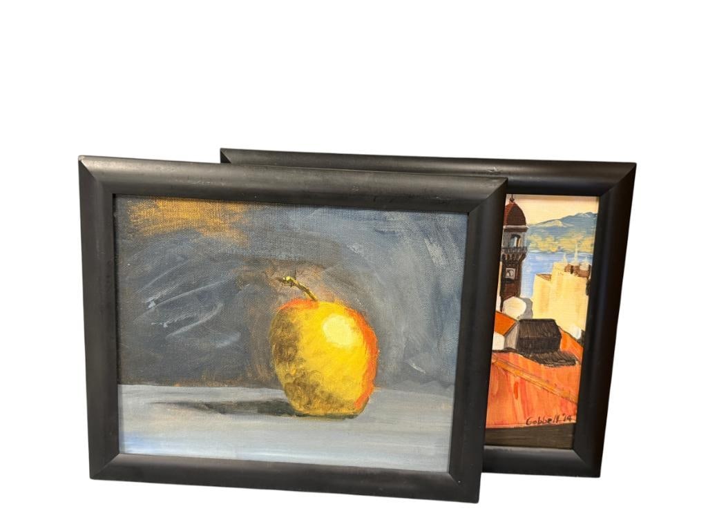 MADISON AND ALLISON GOBBELL ORIGINAL ACRYLIC PAINTINGS ON BOARD AND CANVAS BOARD: ONION STILL LIFE AND TUSCAN TOWER BY ALLISON GOBBELL AND APPLE STILL LIFE BY MADISON GOBBELL, BOTH SIGNED LOWER RIGHT, TWO ARE FRAMED 11 1/2" X 9 1/2" FRAMED, 12" X 12" UNFRAMED