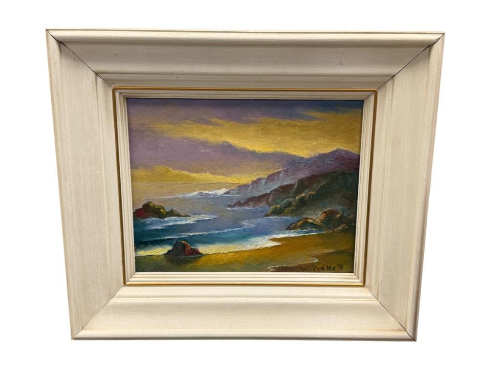 W. PICKETT 20TH CENTURY ARTIST ORIGINAL OIL ON CANVAS BOARD COASATAL SEASCAPE PAINTING: ART DEPICTS COLORFUL SEASCAPE, SIGNED LOWER RIGHT, FRAMED 14 1/2" X 12 1/2" FRAME
