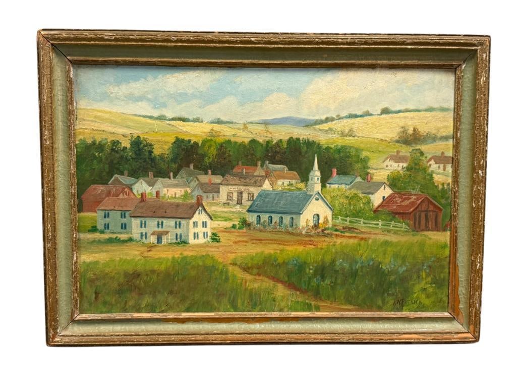 A.W. PETRICK EARLY 20TH CENTURY OIL ON BOARD CITY COUNTRY LANDSCAPE PAINTING: ART DEPICTS CITY SCENE WITH BUILDINGS, CHURCH, BARN, GENERAL STORE, SIGNED LOWER RIGHT, PAINTING DOES SHOW LIGHT SCRATCHES FROM AGE, FRAMED 27 1/2" X 19 1/2" FRAME
