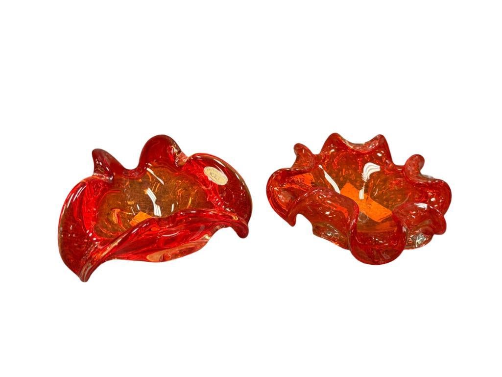 HAND BLOWN ART GLASS AMBERINA HEAVY RUFFLED RIM BOWLS ONE MADE BY ICET ARTE MURANO IN VENEZUELA: HEAVY AMBERINA ART GLASS BOWLS, ICET BOWL INCLUDES ORIGINAL LABEL, NO CHIPS OR CRACKS 6" AND 7" 