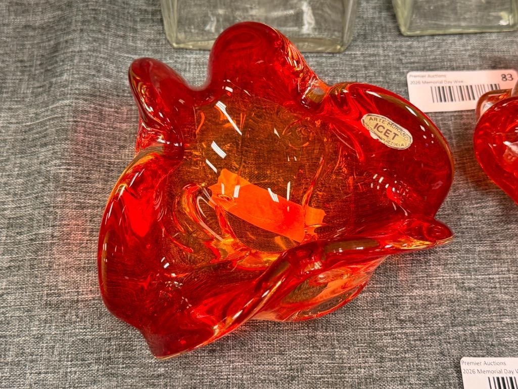 HAND BLOWN ART GLASS AMBERINA HEAVY RUFFLED RIM BOWLS ONE MADE BY ICET ARTE MURANO IN VENEZUELA - 3