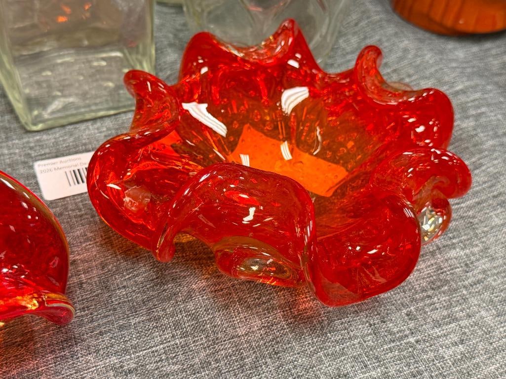 HAND BLOWN ART GLASS AMBERINA HEAVY RUFFLED RIM BOWLS ONE MADE BY ICET ARTE MURANO IN VENEZUELA - 5