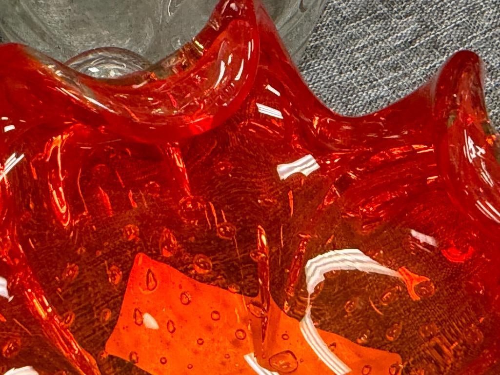 HAND BLOWN ART GLASS AMBERINA HEAVY RUFFLED RIM BOWLS ONE MADE BY ICET ARTE MURANO IN VENEZUELA - 6