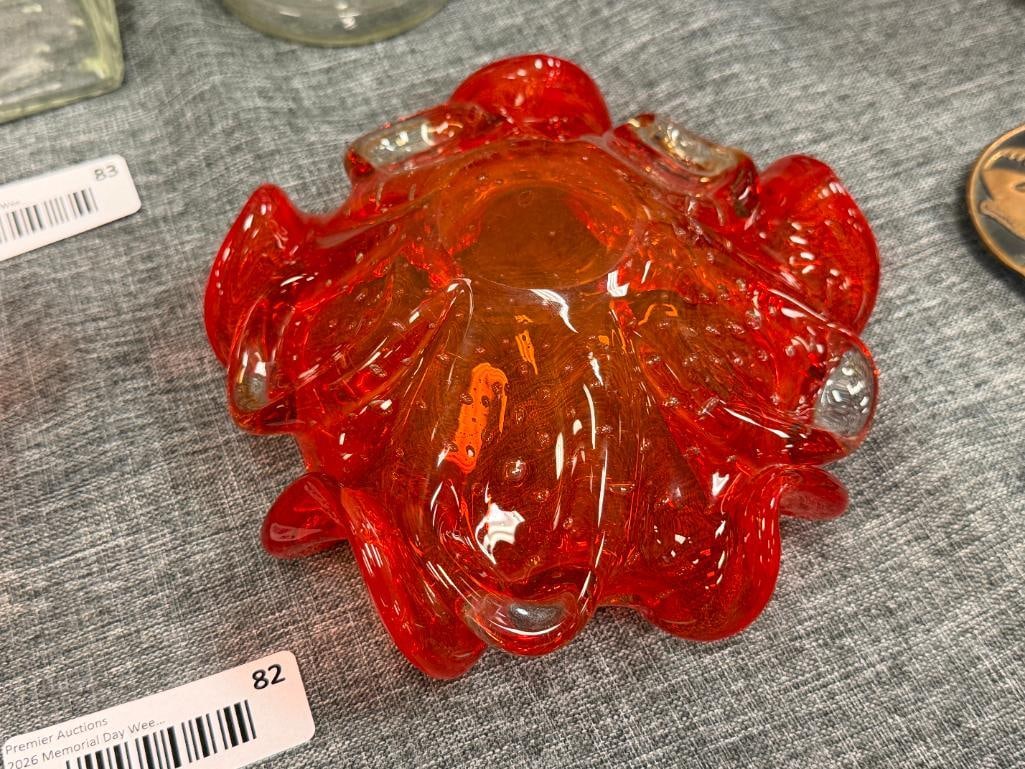 HAND BLOWN ART GLASS AMBERINA HEAVY RUFFLED RIM BOWLS ONE MADE BY ICET ARTE MURANO IN VENEZUELA - 7
