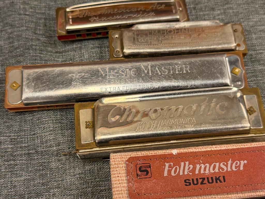 SIX VINTAGE HARMONICAS PIONEER HOHNER, SUZUKI, THE AMERICAN ACE, MUSIC MASTER, CHROMATIC KOCH - 3