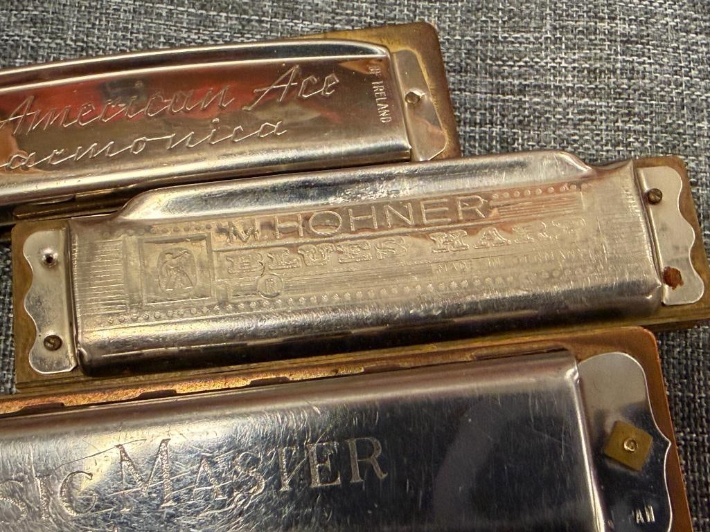 SIX VINTAGE HARMONICAS PIONEER HOHNER, SUZUKI, THE AMERICAN ACE, MUSIC MASTER, CHROMATIC KOCH - 6