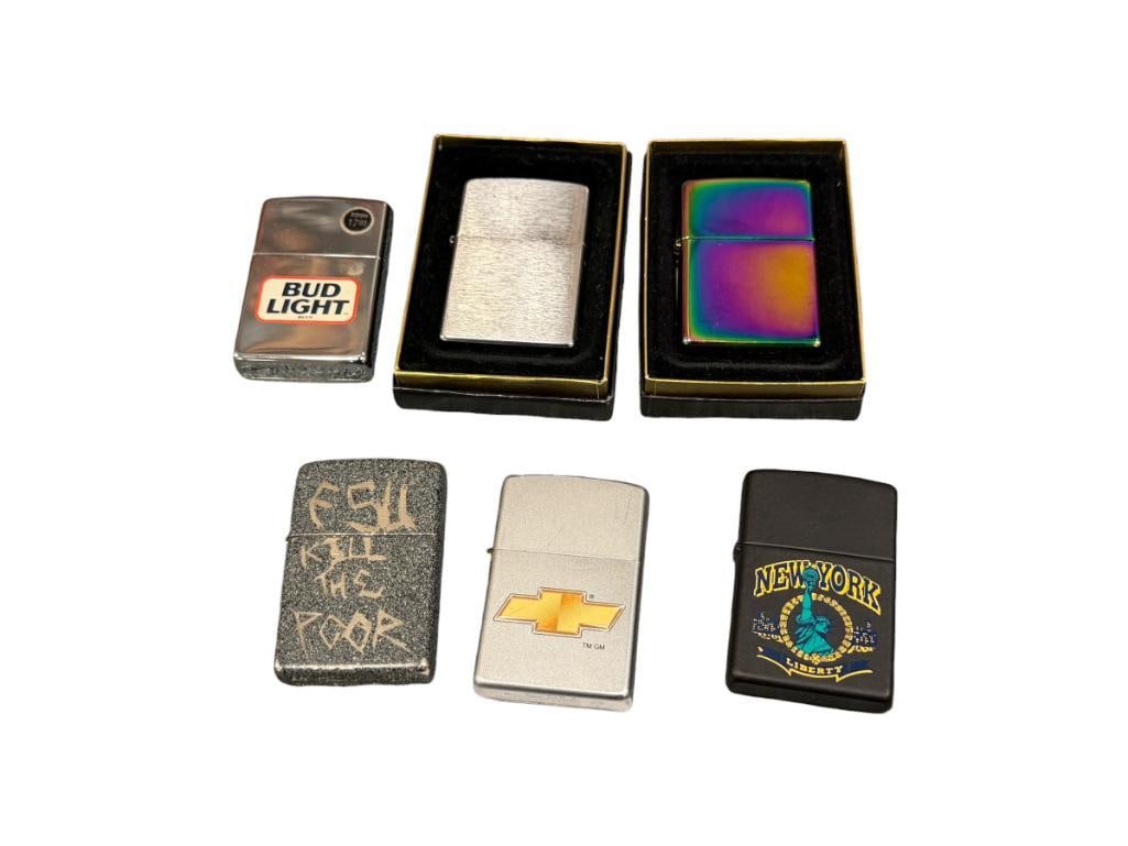 SIX ZIPPO LIGHTERS INCLUDES CHEVROLET LIGHTER, BUD LIGHT, NEW YORK, CAMELEON, AND BLANK LIGHTER (1 of 6)