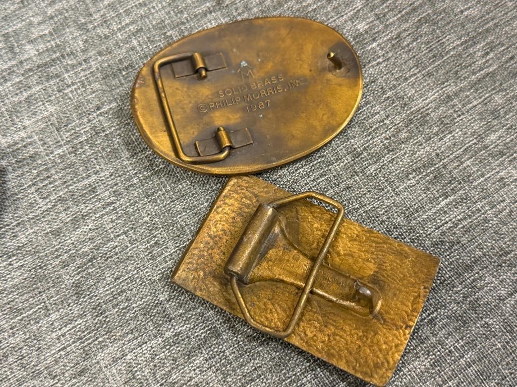 SIX SOLID BRASS WESTERN BELT BUCKLES ONE MADE BY PHILLIP MORRIS AND BY WILLIAMSBURG METAL CRAFTERS - 10