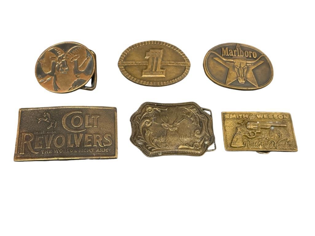 SIX SOLID BRASS WESTERN BELT BUCKLES ONE MADE BY PHILLIP MORRIS AND BY WILLIAMSBURG METAL CRAFTERS (1 of 10)