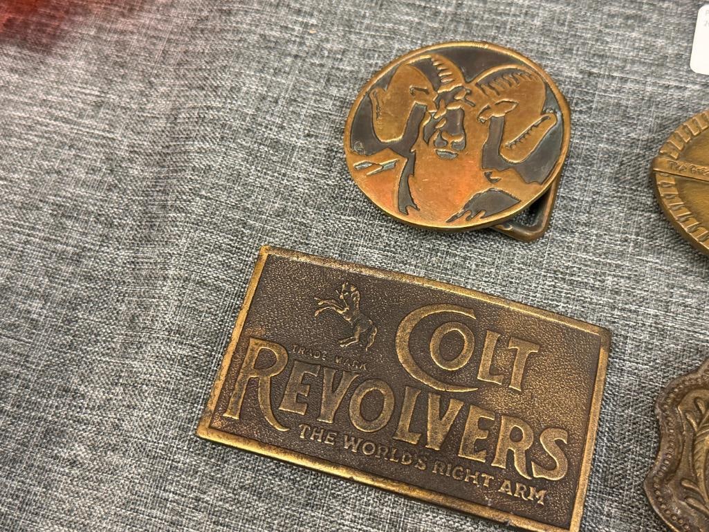 SIX SOLID BRASS WESTERN BELT BUCKLES ONE MADE BY PHILLIP MORRIS AND BY WILLIAMSBURG METAL CRAFTERS - 2