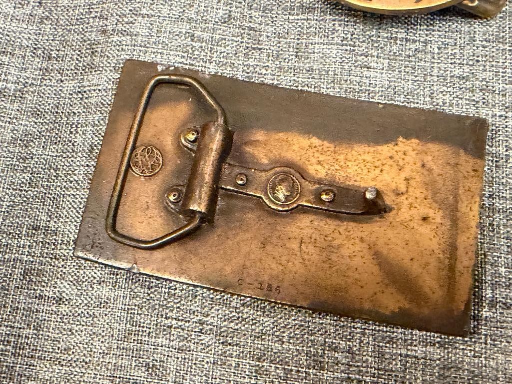 SIX SOLID BRASS WESTERN BELT BUCKLES ONE MADE BY PHILLIP MORRIS AND BY WILLIAMSBURG METAL CRAFTERS - 3