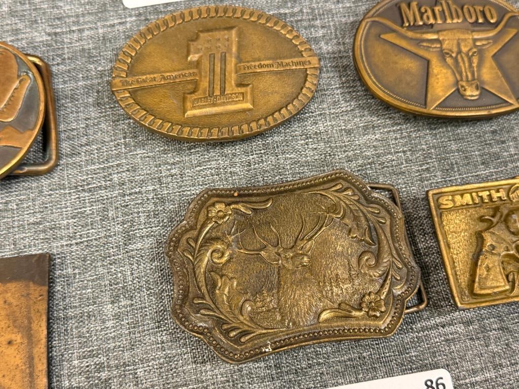 SIX SOLID BRASS WESTERN BELT BUCKLES ONE MADE BY PHILLIP MORRIS AND BY WILLIAMSBURG METAL CRAFTERS - 4