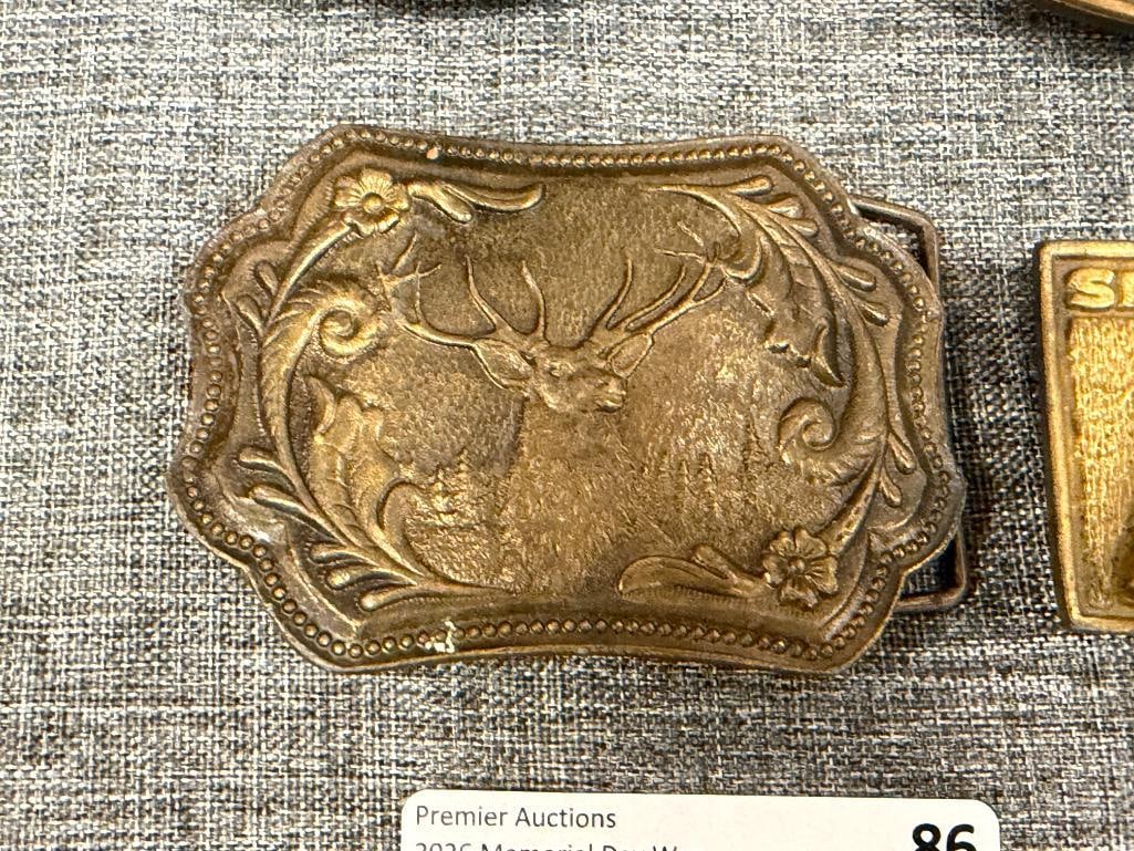 SIX SOLID BRASS WESTERN BELT BUCKLES ONE MADE BY PHILLIP MORRIS AND BY WILLIAMSBURG METAL CRAFTERS - 5