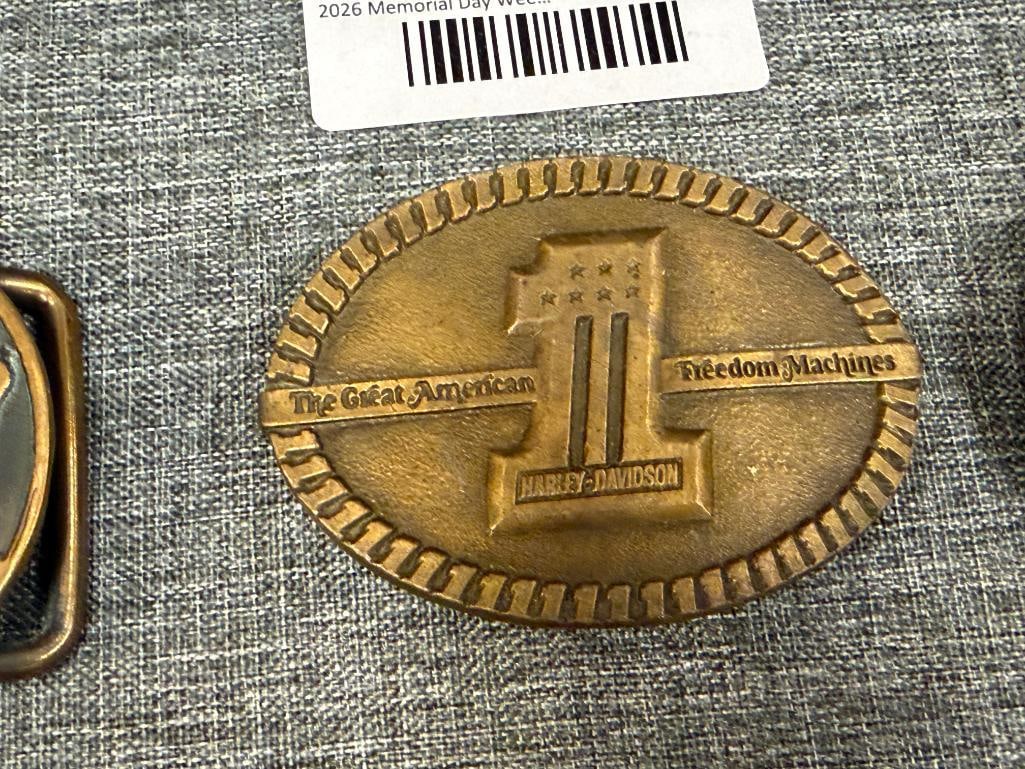 SIX SOLID BRASS WESTERN BELT BUCKLES ONE MADE BY PHILLIP MORRIS AND BY WILLIAMSBURG METAL CRAFTERS - 6