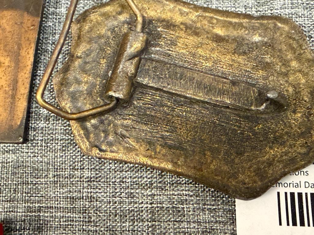 SIX SOLID BRASS WESTERN BELT BUCKLES ONE MADE BY PHILLIP MORRIS AND BY WILLIAMSBURG METAL CRAFTERS - 7