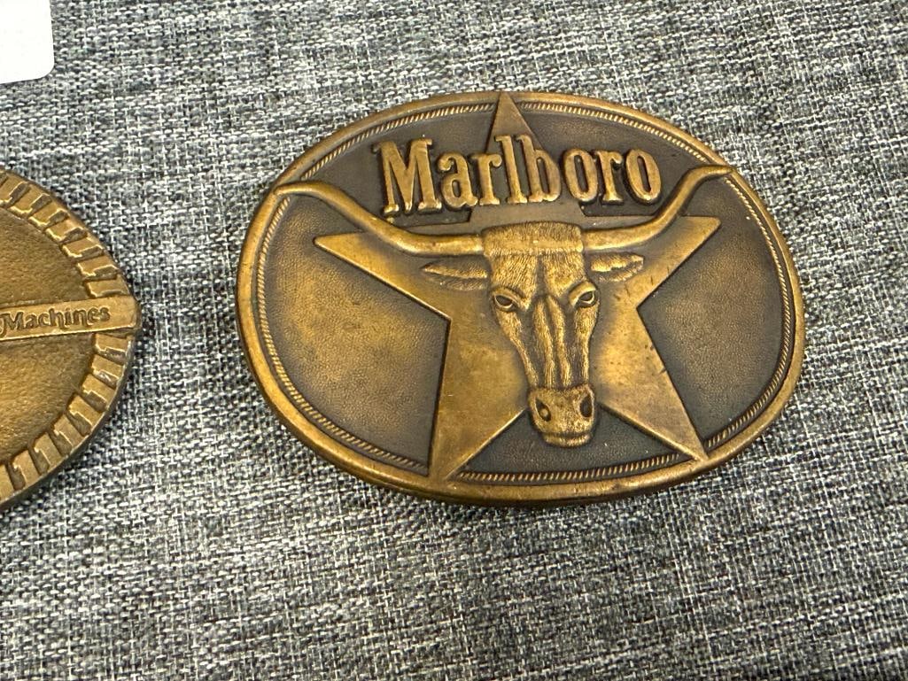 SIX SOLID BRASS WESTERN BELT BUCKLES ONE MADE BY PHILLIP MORRIS AND BY WILLIAMSBURG METAL CRAFTERS - 9