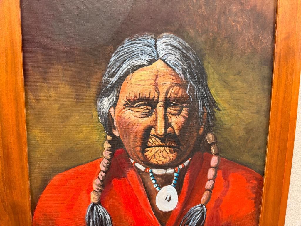 LARGE ORIGINAL OIL PAINTING ON CANVAS ELDER NATIVE AMERICAN MAN - 2