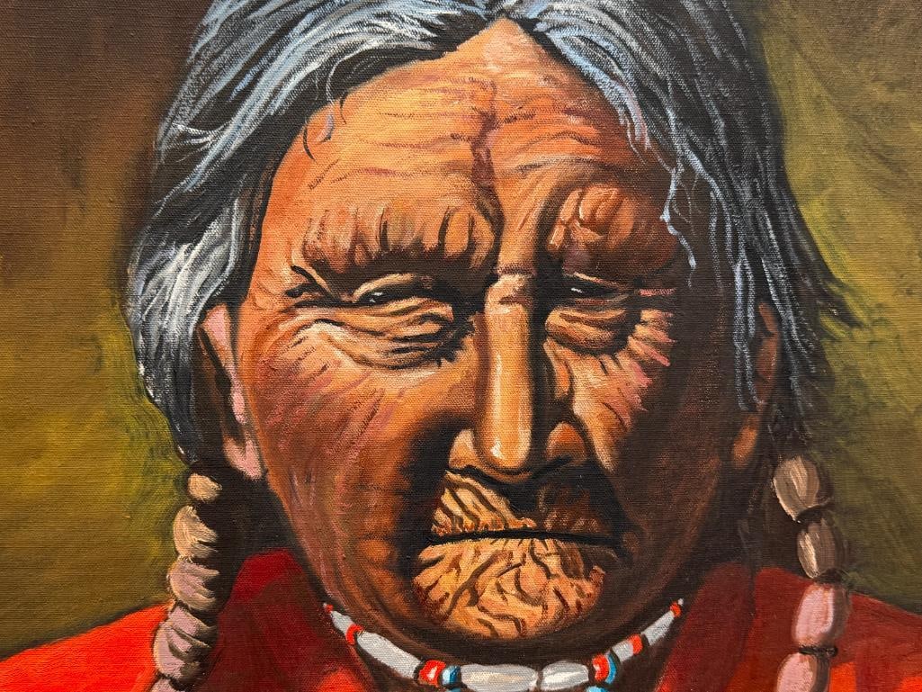 LARGE ORIGINAL OIL PAINTING ON CANVAS ELDER NATIVE AMERICAN MAN - 3