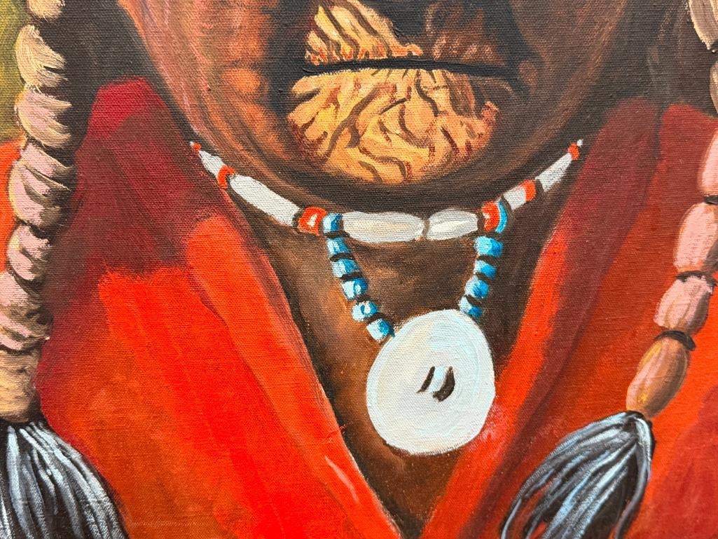 LARGE ORIGINAL OIL PAINTING ON CANVAS ELDER NATIVE AMERICAN MAN - 4