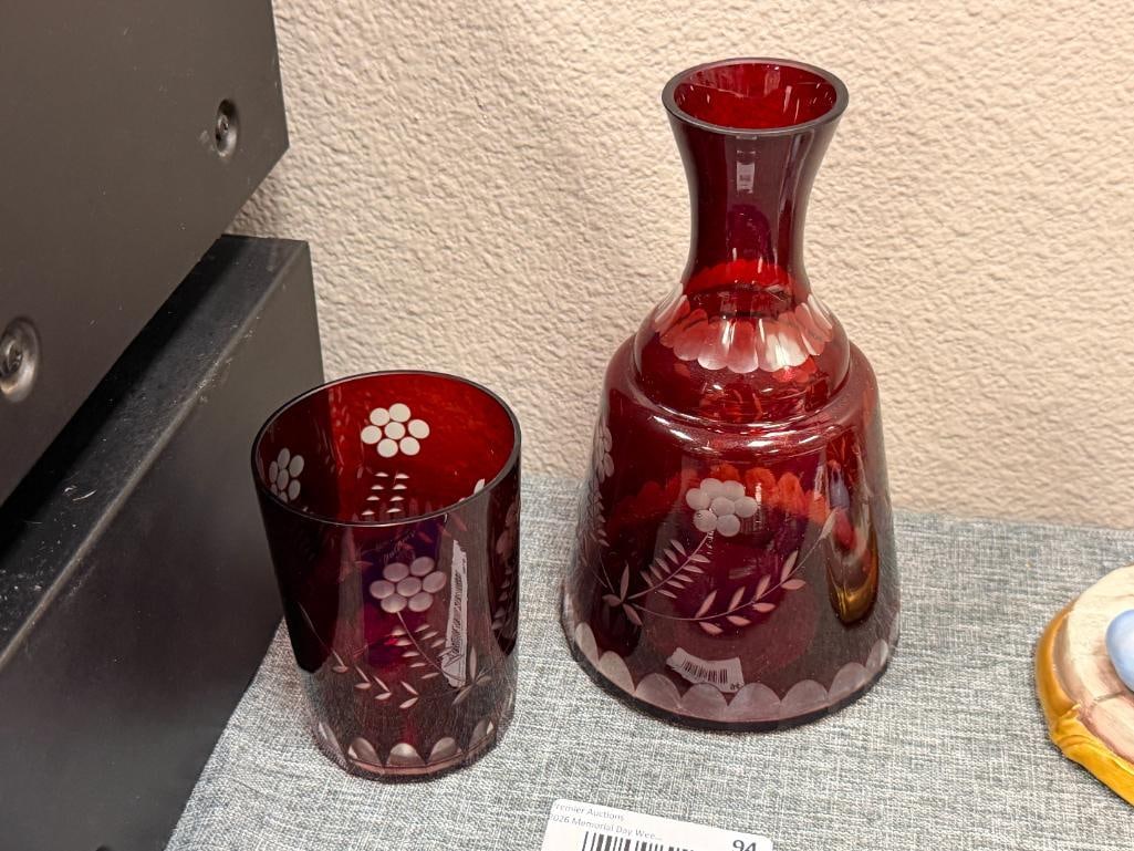 VINTAGE BOHEMIA RUBY RED CUT TO CLEAR GLASS TUMBLE UP BED SIDE WATER DECANTER AND GLASS - 2