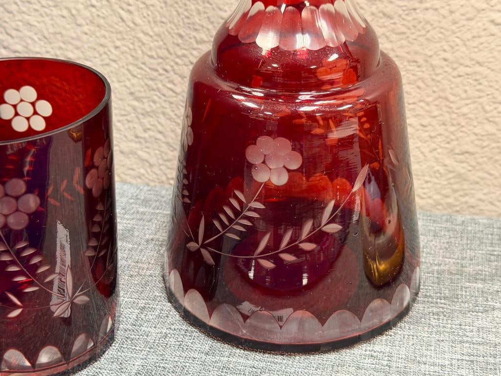 VINTAGE BOHEMIA RUBY RED CUT TO CLEAR GLASS TUMBLE UP BED SIDE WATER DECANTER AND GLASS - 3