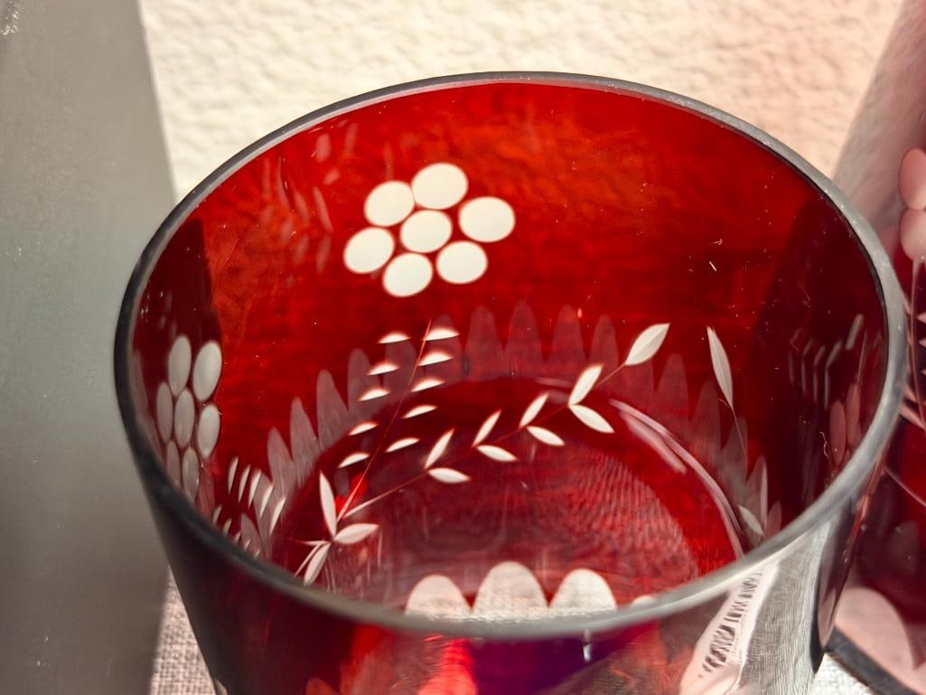 VINTAGE BOHEMIA RUBY RED CUT TO CLEAR GLASS TUMBLE UP BED SIDE WATER DECANTER AND GLASS - 4