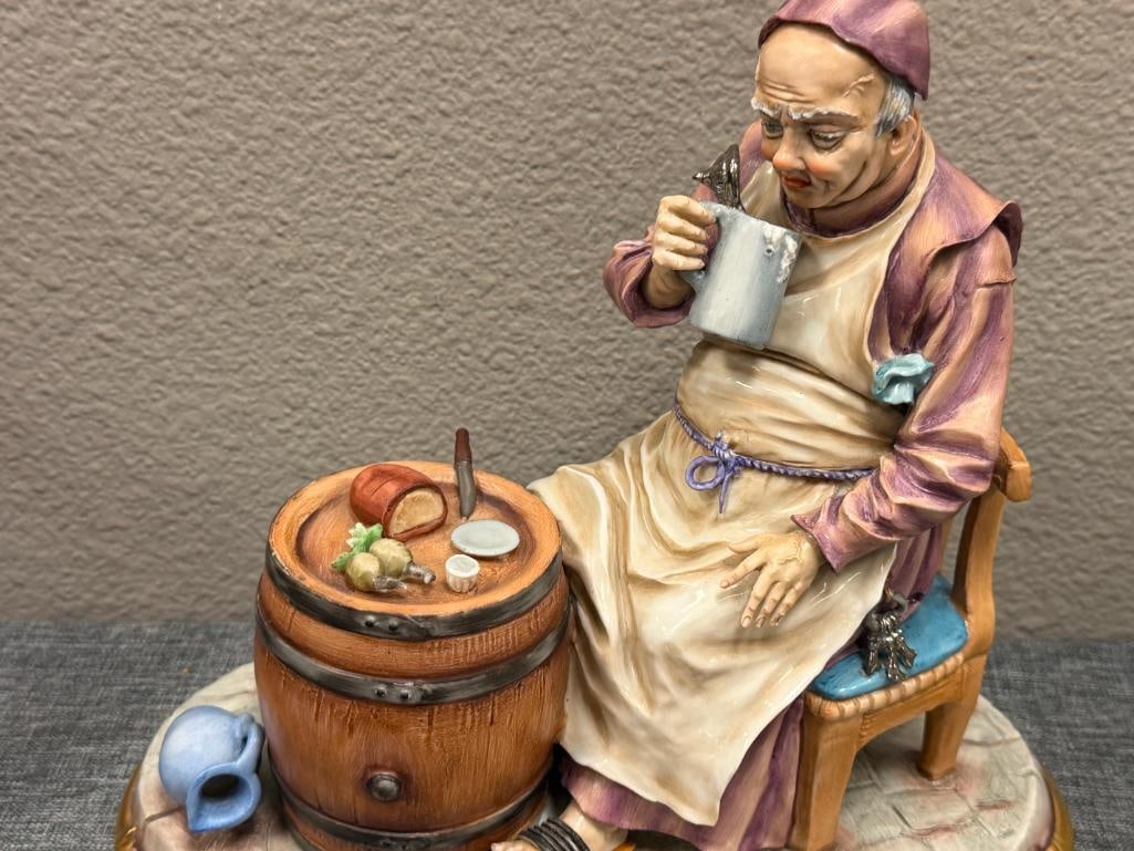 SITZENDORF GERMAN PORCELAIN FIGURINE MAN SITTING WITH A BARREL SIGNED M. SIGEL MADE IN GERMANY - 2