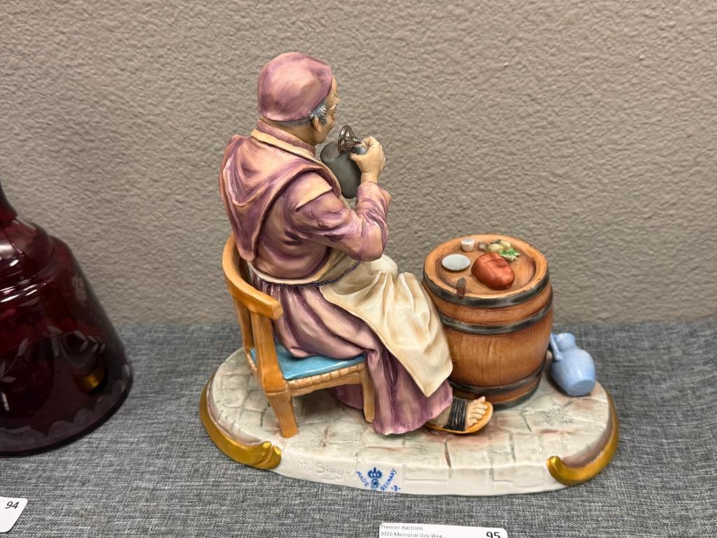SITZENDORF GERMAN PORCELAIN FIGURINE MAN SITTING WITH A BARREL SIGNED M. SIGEL MADE IN GERMANY - 5