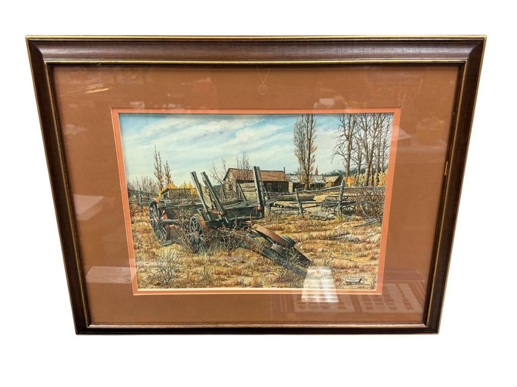 W. LEE SYMMONDS LIMITED EDITION PRINT TITLED ONLY YESTERDAY NO. 26/500: ART DEPICTS A RANCH SCENE WITH DILAPIDATED WAGONS WITH BUILDINGS IN THE BACKGROUND, SIGNED LOWER RIGHT, FRAMED 27" X 21" FRAME