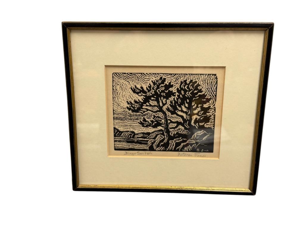 BIRGER SANDZEN SWEDISH-AMERICAN ARTIST LINOCUT / WOODCUT PRINT TITLED VETERAN PINES: BIRGER SANDZEN (1871-1954) WAS AN ARTIST BEST KNOWN FOR HIS LANDSCAPES, PRODUCED MOST OF HIS WORK WHILE TEACHING AS AN ART PROFESSOR IN KANSAS, ART DEPICTS SCENE OF TWO TREES, SIGNED LOWER LEFT, FRAME