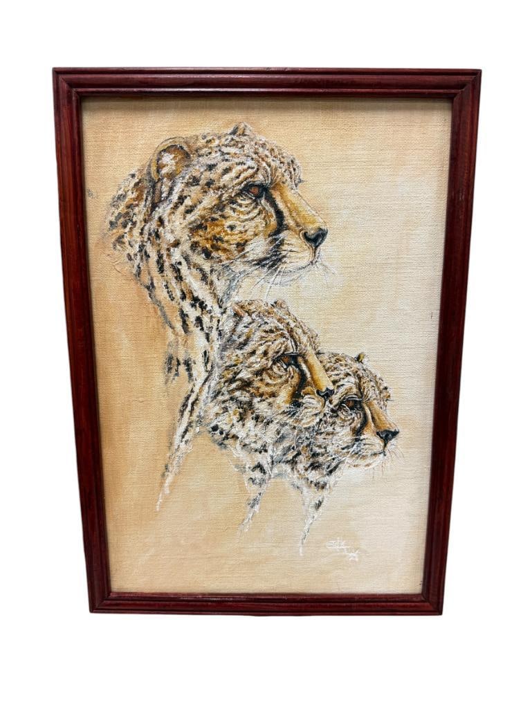 ERIK KENYA, EAST AFRICA ARTIST ORIGINAL PAINTING OF CHEETAH AND TWO CUBS: CIRCA 1970'S, SIGNED LOWER RIGHT, FRAMED 18" X 13" FRAME