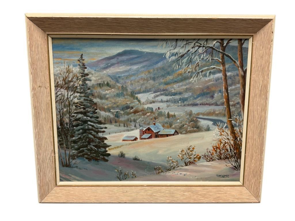 TRACY ADAMS ORIGINAL ACRYLIC ON CANVAS LANDSCAPE PAINTING: ART DEPICTS FARM IN A SNOW COVERED VALLEY, SIGNED LOWER RIGHT DATED 1970, FRAMED 21 1/4" X 17 1/4" FRAME