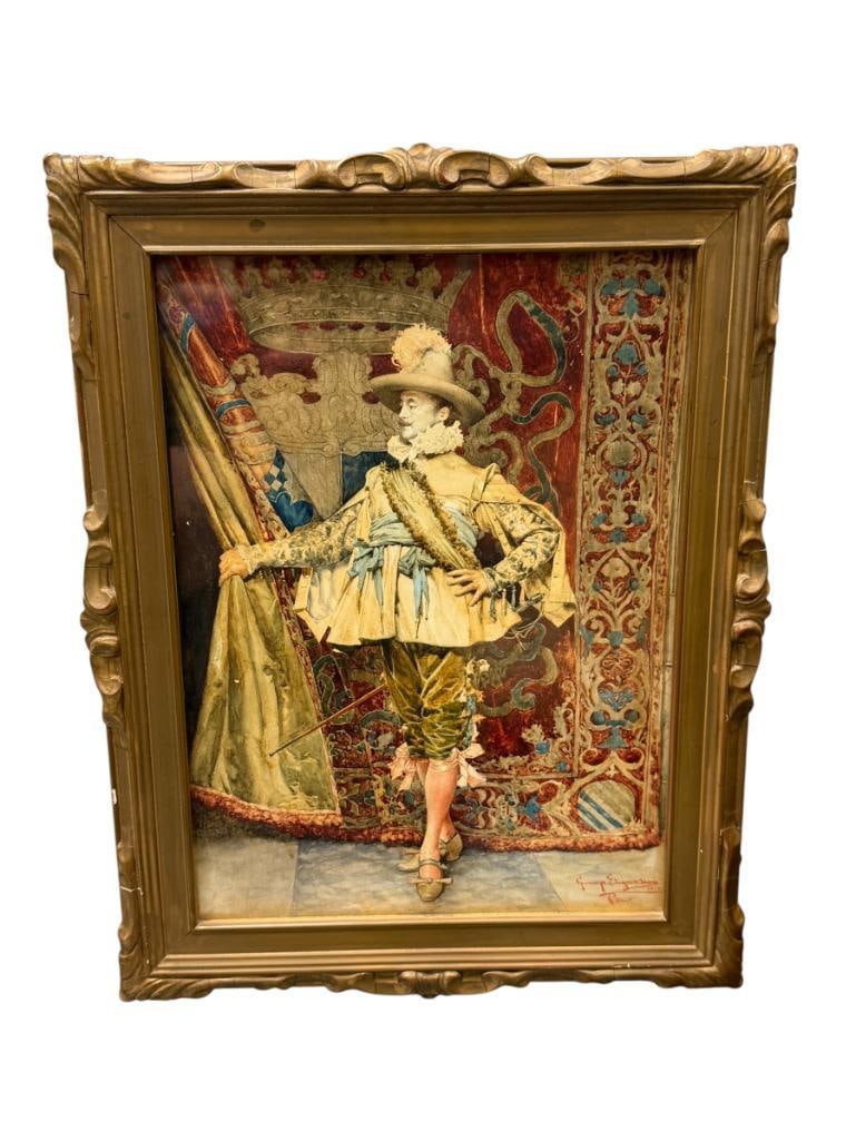 GIUSEPPE SIGNORINI ITALIAN ARTIST ORIGINAL WATERCOLOR ON PAPER OF A CAVALIER OR ROYAL GUARD: GIUSEPPE SIGNORINI (1857-1932) WAS A DISTINGUISHED WATERCOLORIST FAMED FOR HIS PRECISE WORKS, ART DEPICTS CAVALIER STANDING WITH SWORD, SIGNED LOWER RIGHT, ARTIST INFO ON THE BACK, FRAMED 12 1/2" X 16