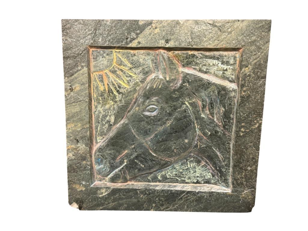 HEAVY GREEN STONE RELIEF TILE WITH PORTRAIT OF A HORSE: INCLUDES HEAVY DUTY FIXED METAL TABLE EASEL 11 3/4" X 11 3/4" TILE