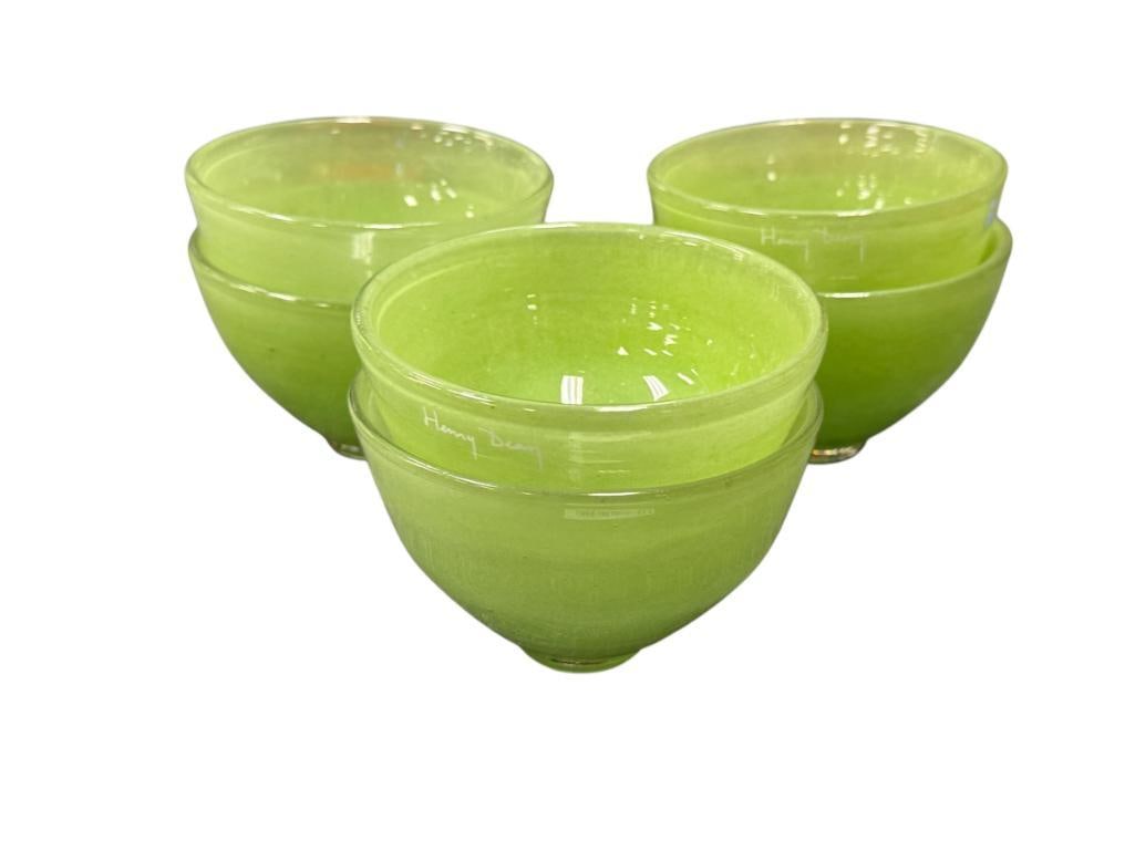 HENRY DEAN MINIMALIST HAND BLOWN ART GLASS INDIVIDUAL BOWLS / FINGER BOWLS: SET OF SIX GREEN GLASS BOWLS, EACH BOWL IS SIGNED ON THE BOTTOM, FEW HAVE ORIGINAL LABEL, NO CHIPS 3 3/4" ROUND