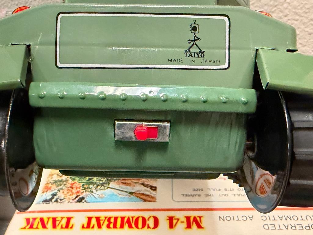 TAIYO JAPAN TIN-LITHO BATTERY OPERATED M4 COMABT TANK TOY CIRCA 1970'S - 1980'S - 6