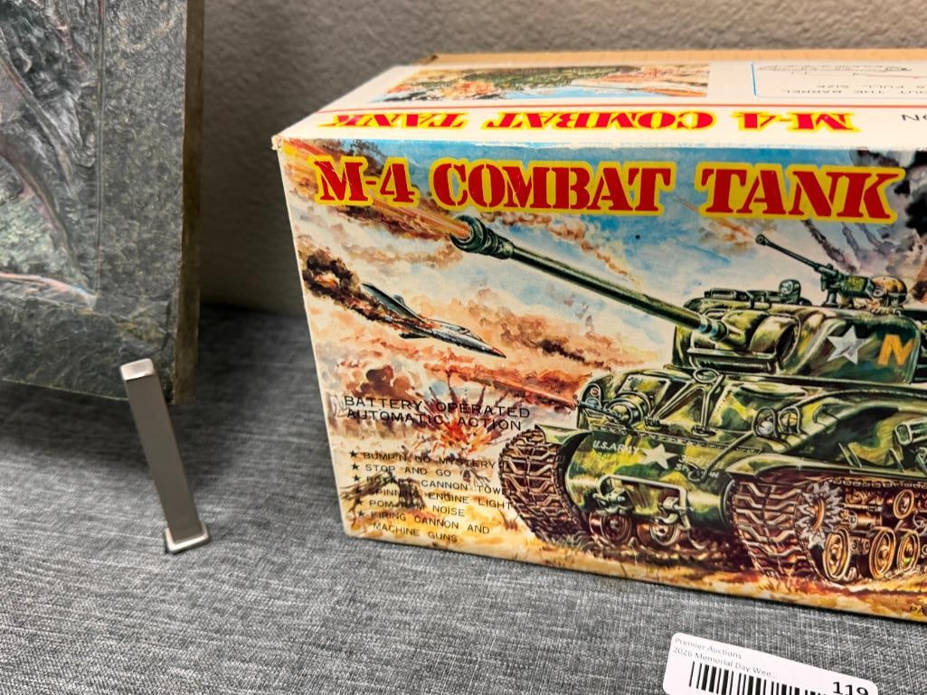 TAIYO JAPAN TIN-LITHO BATTERY OPERATED M4 COMABT TANK TOY CIRCA 1970'S - 1980'S - 9