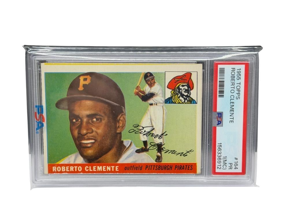 1955 TOPPS #164 ROBERTO CLEMENTE BASEBALL CARD PSA PR 1 (MC): PSA CERTIFICATE # 156336912, ROBERTO WALKER CLEMENTE, PITTSBURGH PIRATES, FROM THE ESTATE OF A LOCAL RENO, NV DOCTOR AT RENOWN WHO RAN BIG LEAGUE SPORTS MEDICINE BASEBALL CAMP FOR NEARLY 20 YEARS