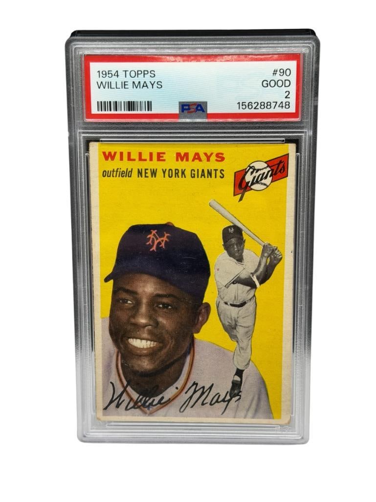 1954 TOPPS #90 WILLIE MAYS BASEBALL CARD PSA GOOD 2: WILLIE MAYS, NEW YORK GIANTS, PSA CERTIFICATE # 156288748, FROM THE ESTATE OF A LOCAL RENO, NV DOCTOR AT RENOWN WHO RAN BIG LEAGUE SPORTS MEDICINE BASEBALL CAMP FOR NEARLY 20 YEARS, DOCTOR JOHN A
