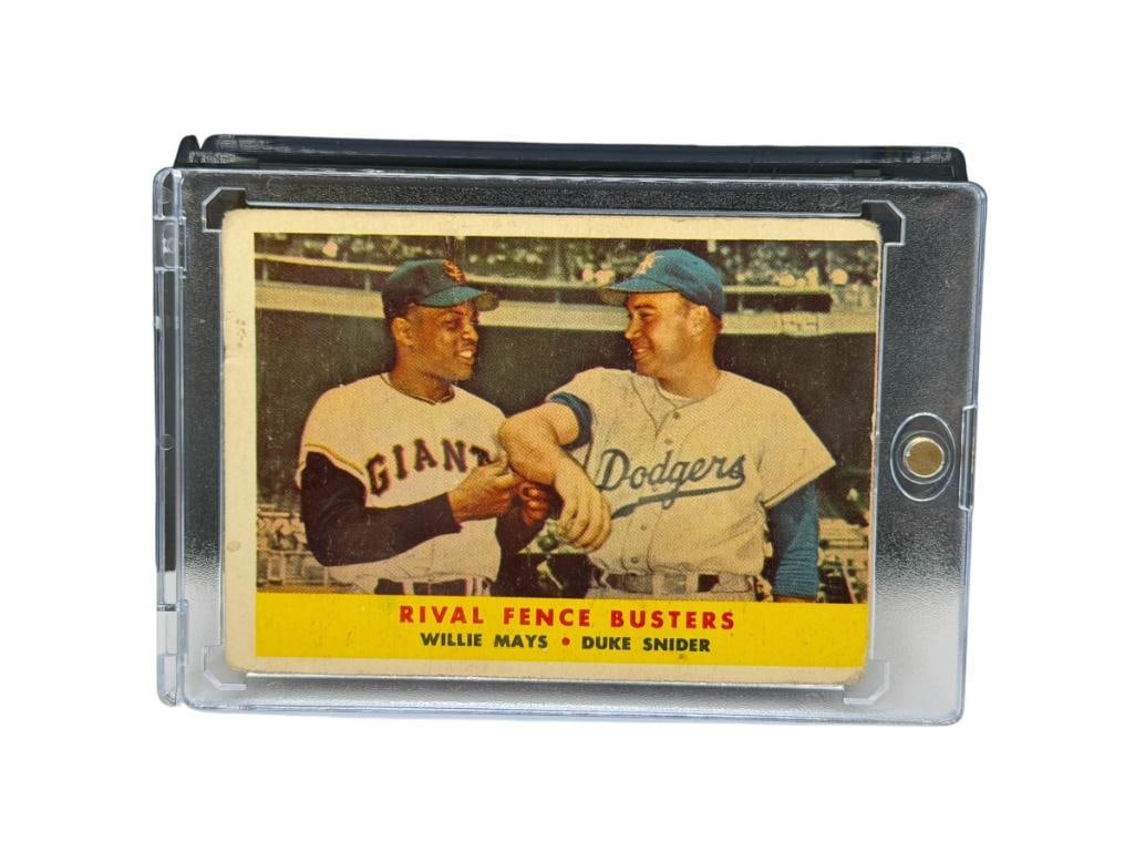 1958 TOPPS # 436 RIVAL FENCE BUSTERS WILLIE MAYS DUKE SNIDER BASEBALL CARD: RARE CARD, SEE PHOTOS FOR CONDITION, FROM THE ESTATE OF A LOCAL RENO, NV DOCTOR AT RENOWN WHO RAN BIG LEAGUE SPORTS MEDICINE BASEBALL CAMP FOR NEARLY 20 YEARS, DOCTOR JOHN ANDREW CAMERON